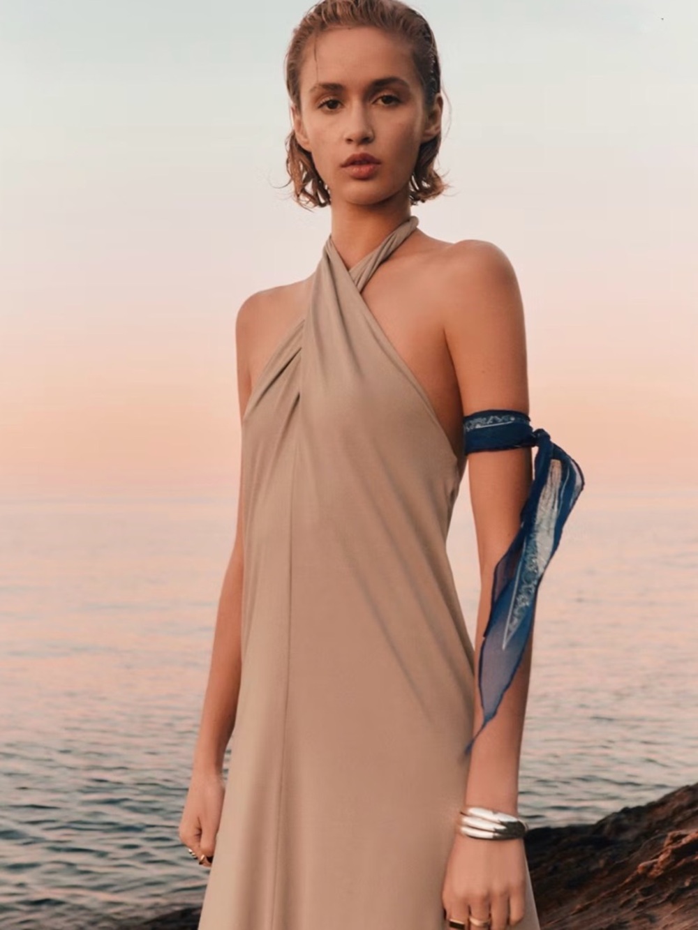 Mango Beige Halter-Neck Maxi Dress